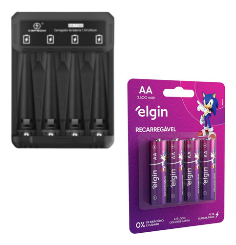 Carregador Pilha Aa/aaa Type-c + 4 Pilhas Aa 2500 Mah Elgin