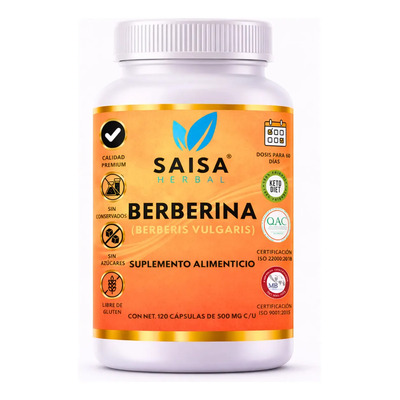Berberina 100% Pura Con 120 Cáps | Suplemento Alimenticio | Saisa Herbal | Metabolismo, Salud Cardiovascular y Control del Peso | Meses sin interés