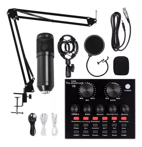 Kit Completo Microfone Bm800 Mini Placa Mesa V8 Live Sound