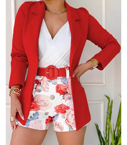 Blazer Y Pantalones Cortos De Mujer Con Estampado Floral