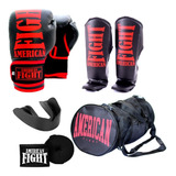 Kit Muay Thai Luva Caneleira Bolsa Band Bucal American Fight