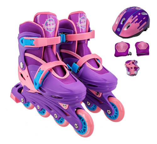 Patins Roller Infantil Roxo 34 A 37 Menina + Kit Proteção