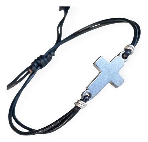 Pulsera De Cruz Hombres Cuero Genuino Y Acero Inoxidabl...