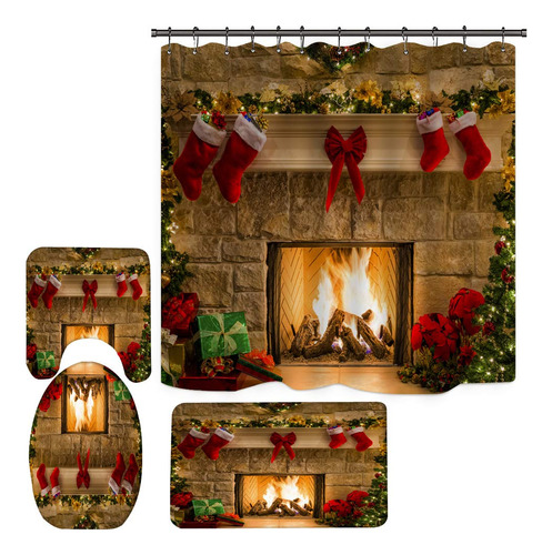 Apqdw Juego De 4 Cortinas De Ducha Con Chimenea De Navidad,