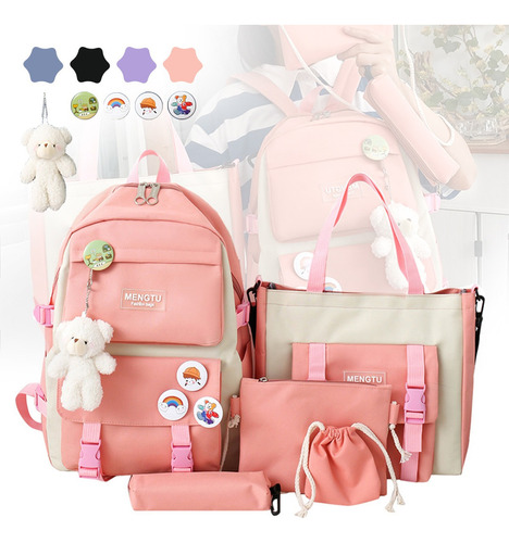 Set 5 Mochila Escolar Viaje Estilo Estudiante Bolsas Color Rosa