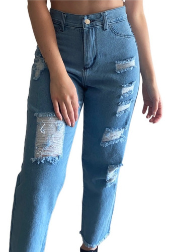 Pantalon De Jean Ancho Rigido Mujer Jean Mom Roto Azul Claro