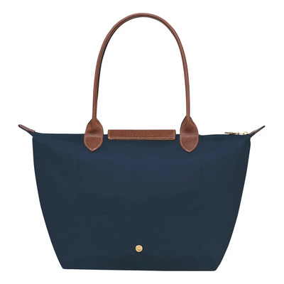 Cartera Tote Longchamp Le Pliage M Asa Larga (negra Y Azul) Acabado De Los Herrajes Níquel Color Azul Oscuro Correa De Hombro Marrón Oscuro Diseño De La Tela Lisa