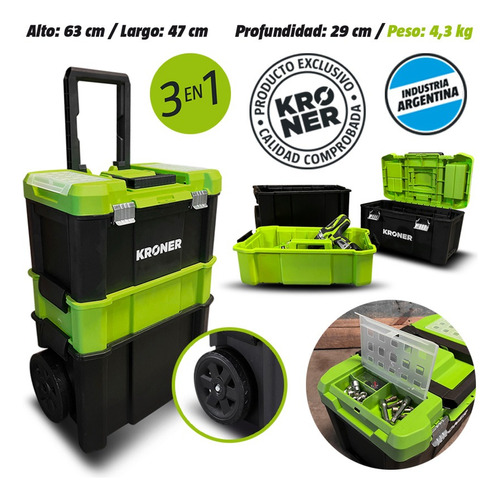 Carro Porta Herramientas Caja 3 Cuerpos Profesional Kroner Color Verde Lima