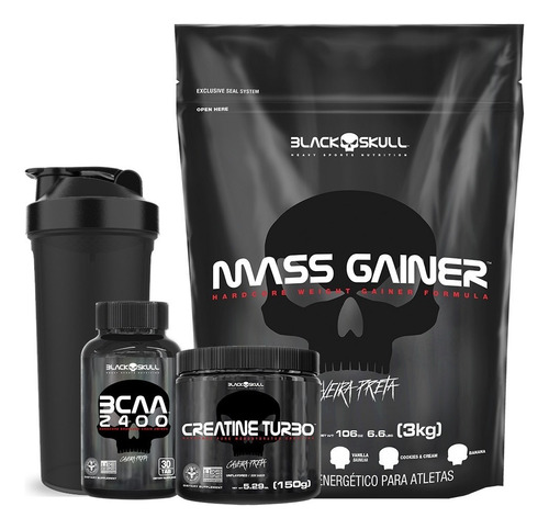 Mass Gainer 3kg + Bcaa + Creatina + Shaker - Black Skull Sabor Morango