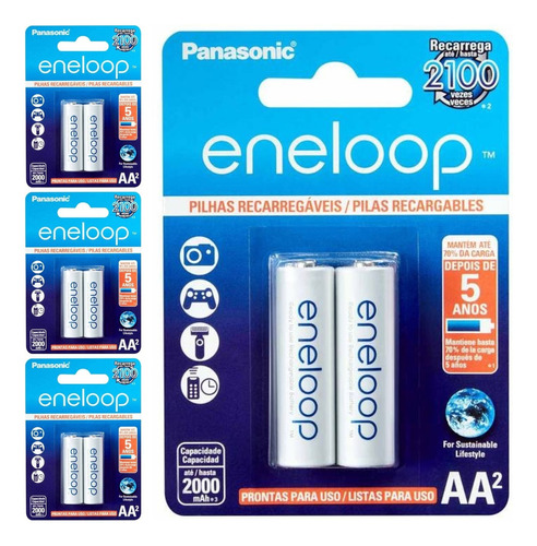 8 Pilhas Recarregaveis Eneloop Std Aa 2a Panasonic 4 Cart