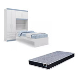 Kit Guarda Roupa Solteiro Branco + Cama Baú + Colchão D28 Av