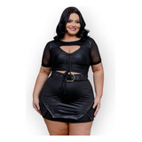 Conjunto Plus Size Short-saia Com Cinto E Cropped Tule/cirrê