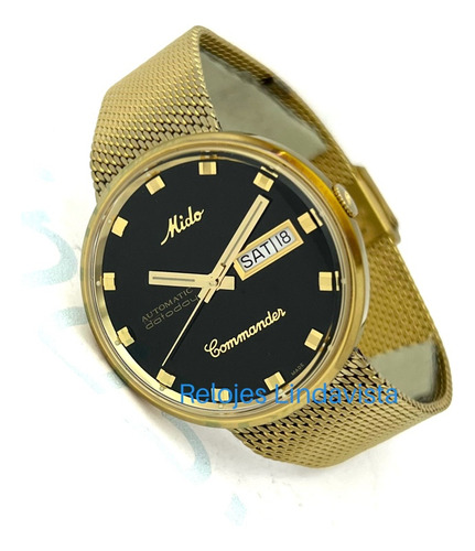 Reloj Mido Commander Negro Automático Acero Dorado Malla