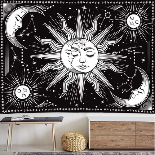 Tapices De Pared Manta Decora Diseño Luna Sol Blanco Y Negro