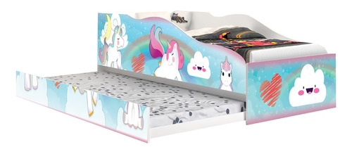 Cama Solteiro Com Auxiliar Unicornio Infantil  Com 1 Colchão