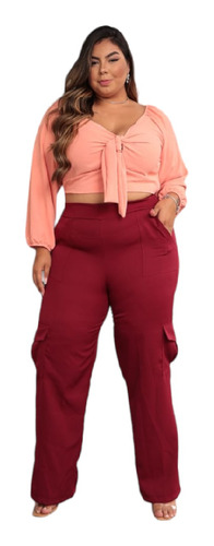 Calça Cargo Plus Size Alfaiataria Com Elástico Na Cintura.