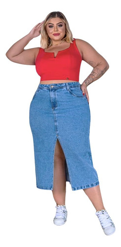 Saia Plus Size Jeans Midi Feminina Fenda Frontal Reta