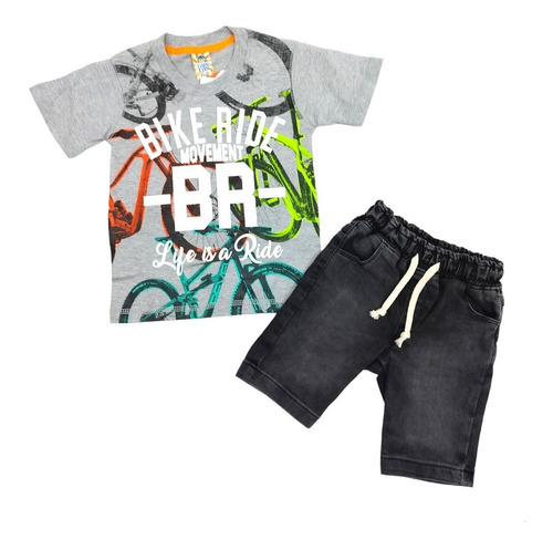 Conj Short Mezclilla Y Playera Estampado Bike Niño 2 A 6 Añ