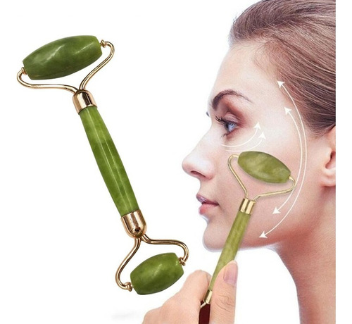 Masajeador Facial Doble Rodillos Piedra Jade Natural Color Verde