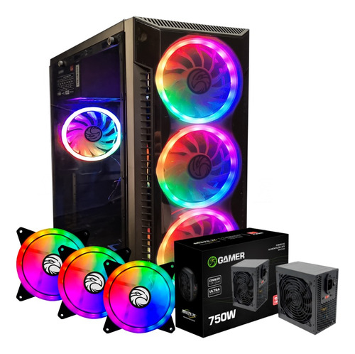 Gabinete Gamer Vidro + 3 Fan Argb + Fonte Atx 750w Real Nfe