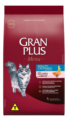 Alimento Gran Plus Castrados Para Gato Adulto Sabor Salmão E Arroz Em Saco De 10.1kg