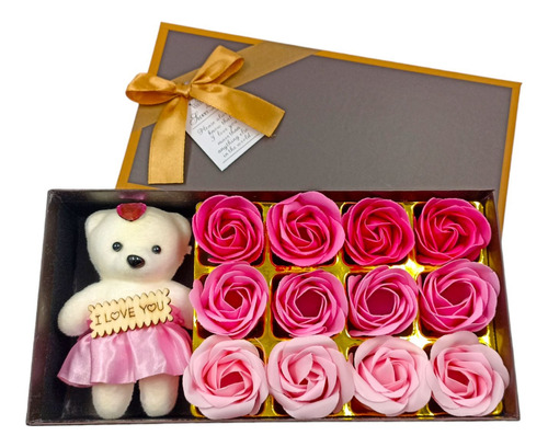 Caja De Regalo Para Novia O Mamá Con Oso Y Rosas Aromáticas 