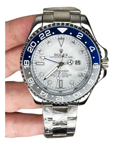Relogio Rolex Subyacht Prata Com Branco Bisel Azul  E Cinza