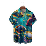 Camisa Hawaiana Unisex Azul Con Peces Tropicales, Camisa De