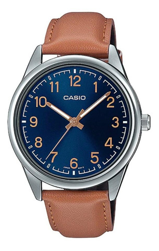 Reloj De Pulsera Casio Enticer Mtp-v005 De Cuerpo Color Plateado, Analógico, Para Hombre, Fondo Azul, Con Correa De Cuero Color Marrón, Agujas Color Dorado Y Blanco, Dial Dorado, Minutero/segundero Pl