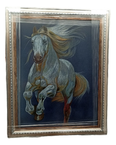 Caballo Blanco, Pastel Al Óleo, 65cm X 50cm, Hecho A Mano.