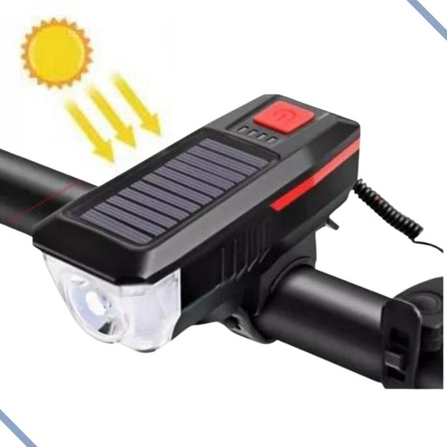 Farol P/ Bike Solar - Usb Led Recarregável Com Buzina Cor Preto/laranja