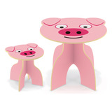 Kit Mesa + Banco Pig Em Madeira Mdf - Infantil Animal Kids