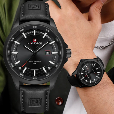 Relojes Naviforce De Deportivos Para Hombres,Casual,Sencillo,Movimiento De Cuarzo Japonés,Correa De Cuero Negro,Caja Negra,Impermeable 30 Metros,9248L | Meses sin interés