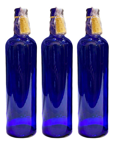 3 Botellas Vidrio Azul Hooponopono Con Corcho Para Decorar