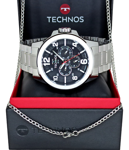 Relógio Technos Masculino Aço Prateado + Corrente 70cm Luxo