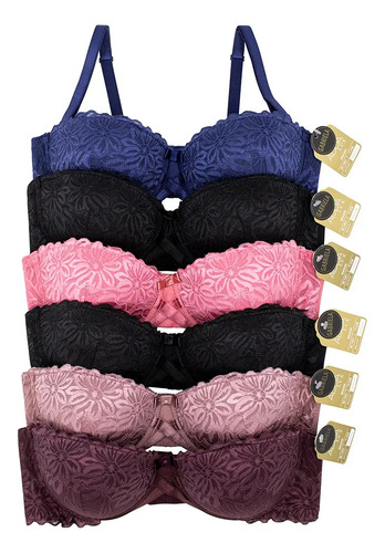 Paquete De 6 Brassieres Brasier Lenceria Encaje Media Copa  | Envío gratis