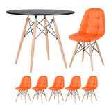 Kit Mesa Jantar Eames Wood 90 Cm E 5 Cadeiras Eames Botonê Cor Da Tampa Mesa Preto Com Cadeiras Laranja