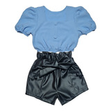 Roupa Feminina Infantil Conjunto Short Couro Fake Blusa Duna