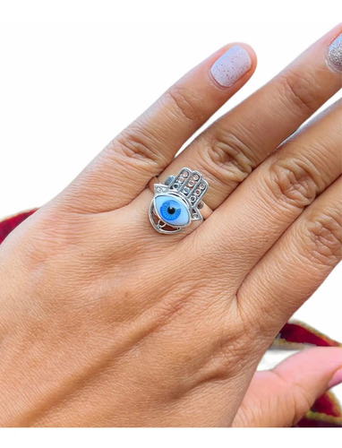 Anillo Ajustable Mano De Fátima, Ojo Turco Plata Fina .925