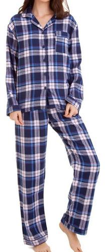 Pijama Feminino Flanela Xadrez Azul 100% Algodão 922