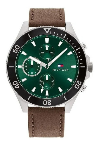 Reloj Tommy Hilfiger Hombre Larson 1791983 Color De La Malla Marrón Color Del Bisel Negro Color Del Fondo Verde