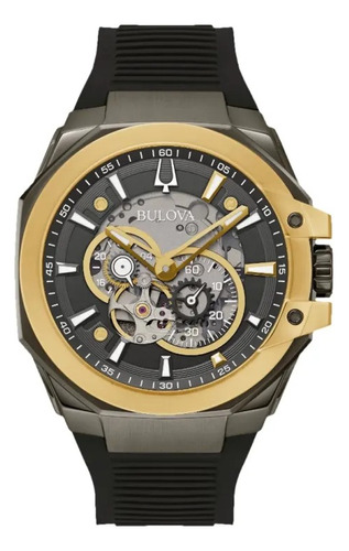 Reloj Bulova Marc Anthony Open Hearth Aut Para Hombre 98a310 Color De La Correa Negro Color Del Bisel Gris Color Del Fondo Negro