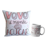 Kit Avó Almofada Anti Alérgica Branca + Caneca Cor Branco Desenho Do Tecido Vovó Com Açúcar