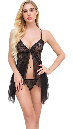 Lencería Babydoll Encaje Vestido Camisón Con Tanga