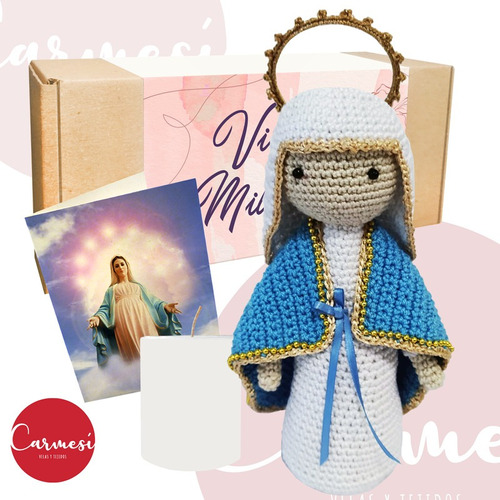 Virgen Milagrosa  Vela Y Tarjeta Amigurumi Tejido A Mano