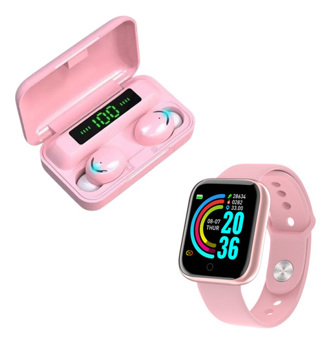 Combo Smartwatch D20 Y68 + Auricular Inalambrico F9-5 Rosa