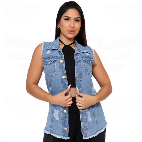 Maxi Colete Feminino Jeans Tendência Moda Blogueira Instagram Menor Preço Atacado Revenda Oferta Destroyed Desfiada