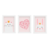 Quadro Infantil Bebê Menina Gatinha Coelha Kit 3 Peças-1204a