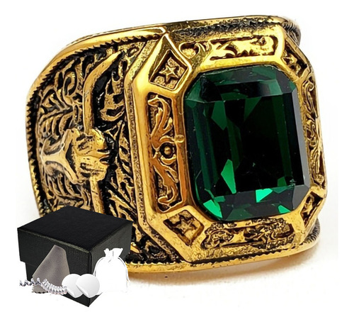 Combo Anillo Elegante Hombre Dorado Verde Acero Inoxidable