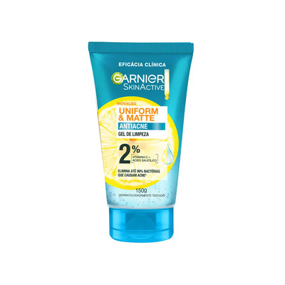 Gel de Limpeza Facial com Ácido Salicílico e Vitamina C Combate Cravos e Espinhas, Reduz a oleosidade e Controle da Pele Acneica Uniform & Matte Garnier 150g | MercadoLivre